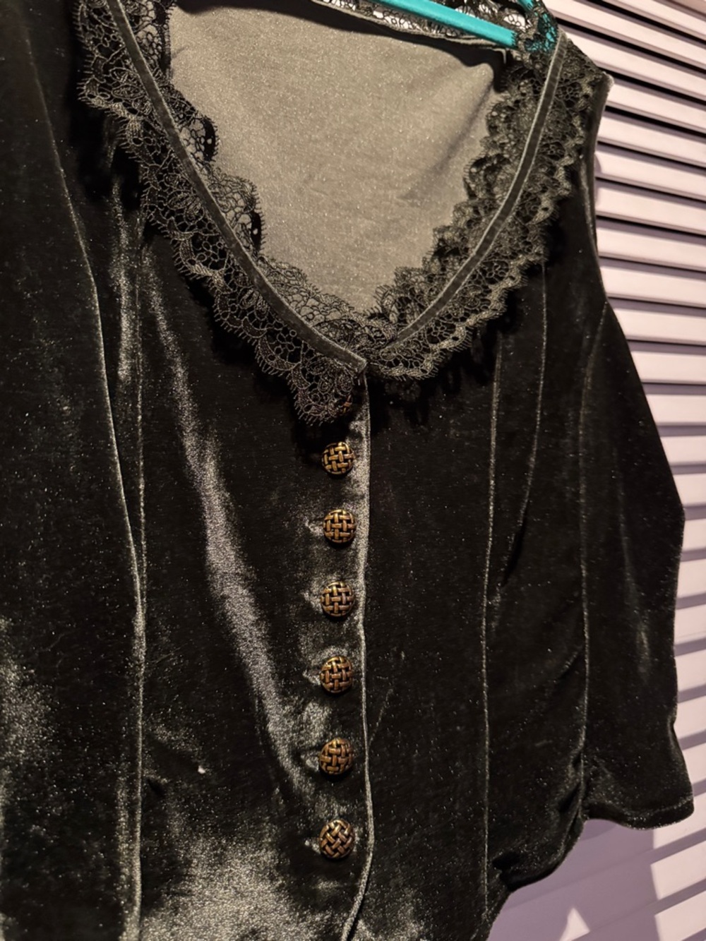 Deep Green Velvet Lace-Trim Button-Front Women's Bodysuit Top - Picture 2 of 4